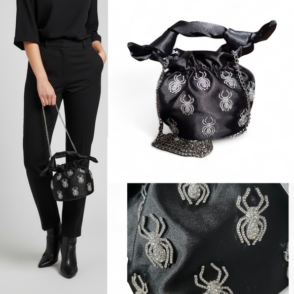 most wanted Handbags - Elegant Black Satin Mini Hand Bag with Silver Spider Embellishments
